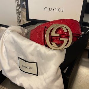 GUCCI Guccissima Interlocking G Belt 120/ 48 Red Leather